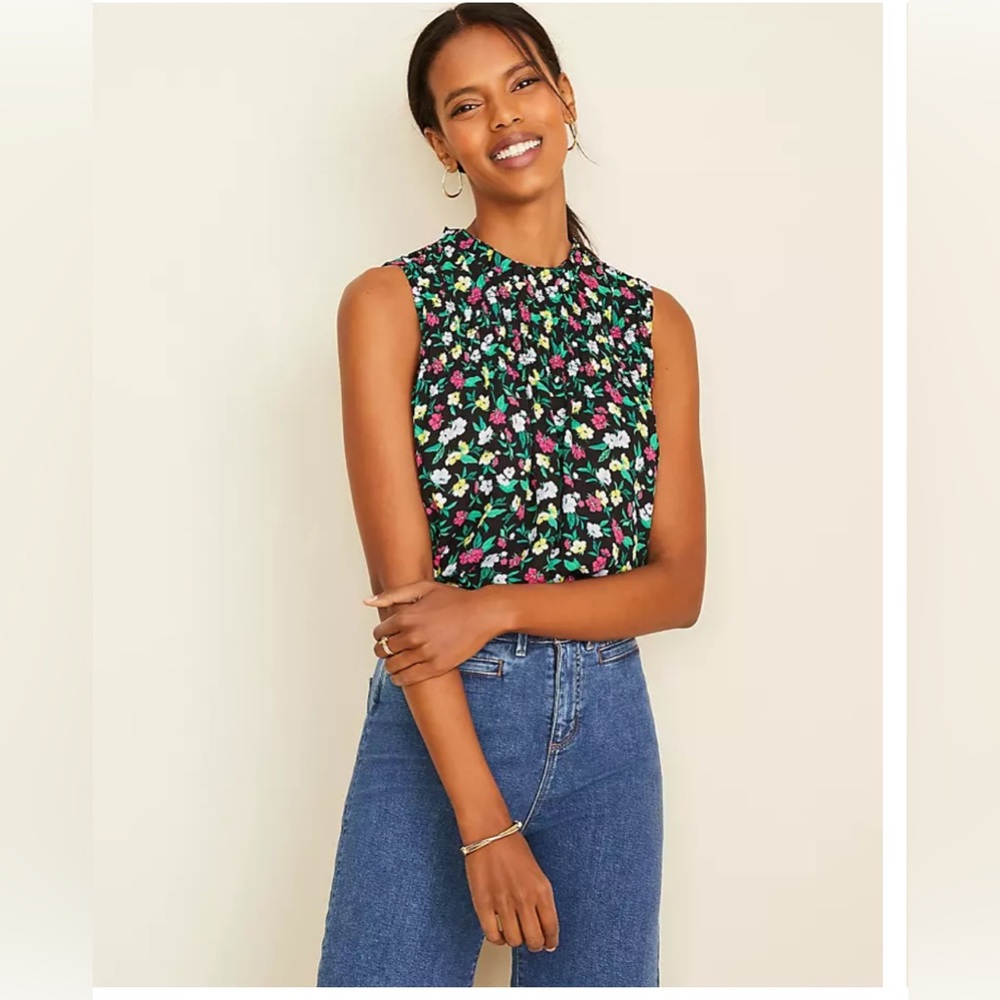 NWT Ann Taylor Floral Smocked Yoke Mixed Media Shell Ruffle Neckline Size XL
